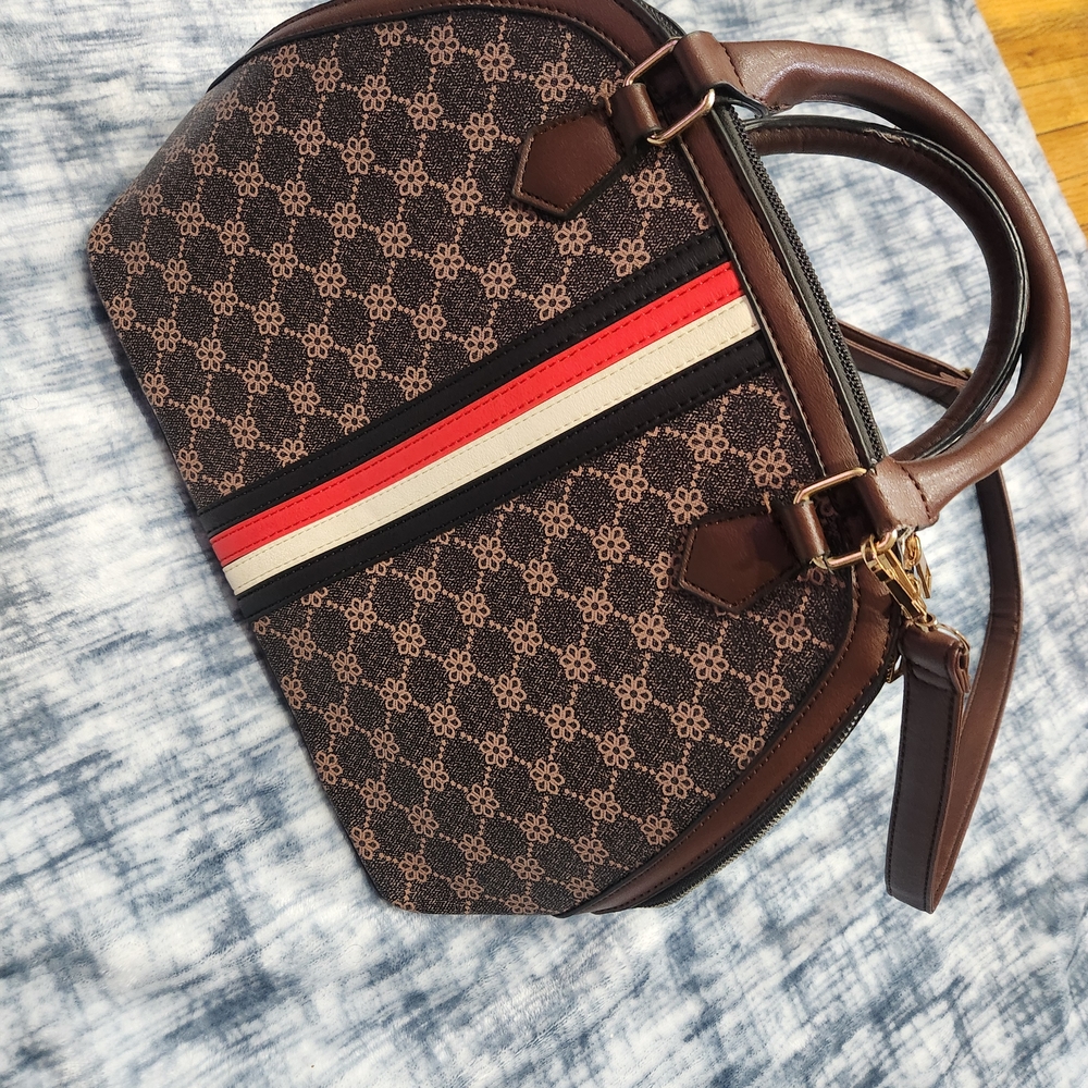 Brown Patterned Handbag with Red Stripe